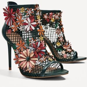 Zara Green Mesh Bootie with Floral Appliqués